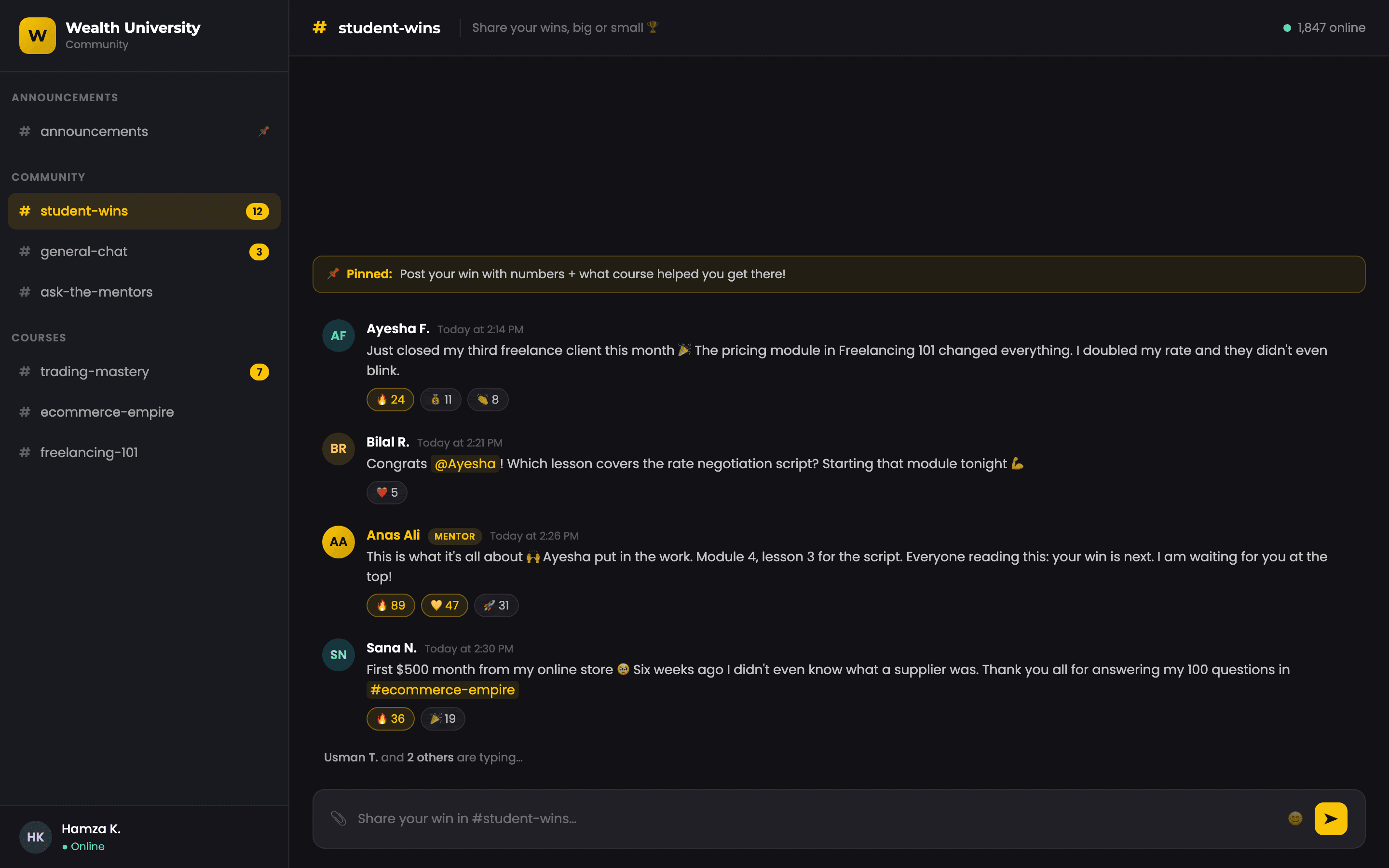 Wealth University community, students sharing wins with Anas Ali in real time