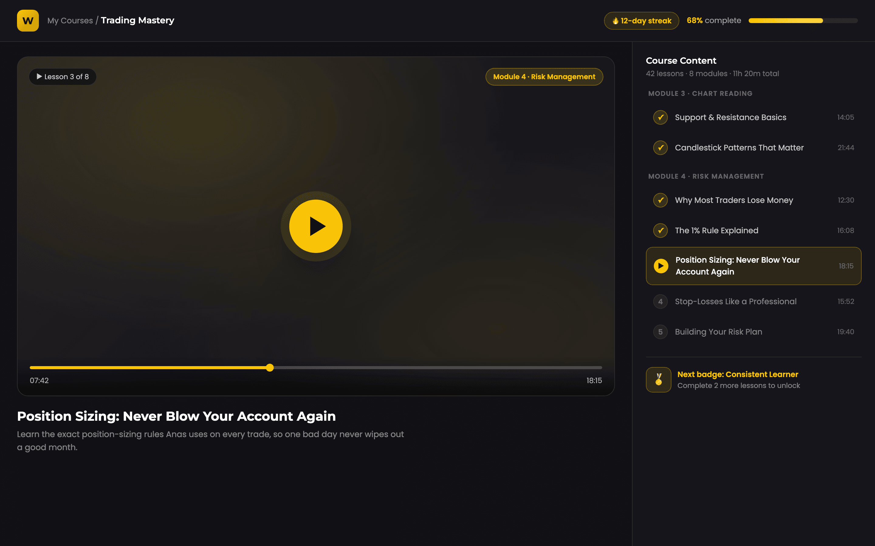 Wealth University course player with lesson progress, streaks, and badges